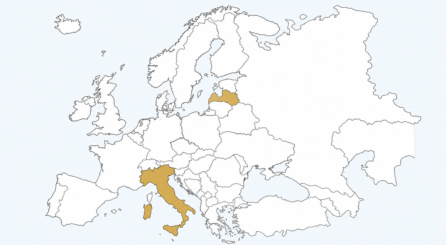 Map of Europe highlighting Italy and Latvia